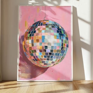 Mirrorball wall art with hand drawn disco ball painting in bold colors perfect for disco ball poster lovers and retro decor digital download image 8