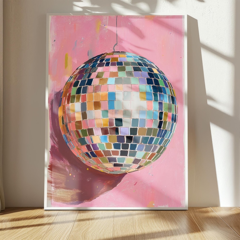 Mirrorball wall art with hand drawn disco ball painting in bold colors perfect for disco ball poster lovers and retro decor digital download image 8