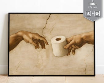 Funny Michelangelo Bathroom Art, The Creation of Adam Parody, Toilet Paper Humor Digital Download, Quirky Renaissance Decor, Poster Wall Art