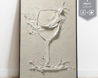 Wine Glass Impasto Print, White Textured Minimalist Kitchen Art (Digital Download)