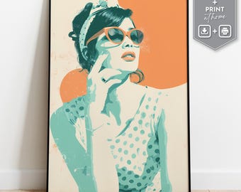 Retro woman digital wall art vintage poster style in teal and orange with polka dots perfect for girly decor printsdigital download feminist