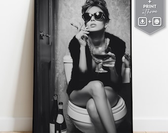 Funny Bathroom Art Print: Glamorous Woman with Wine & Cigar (Digital Download)