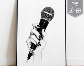 Mikrofon Wand Kunst Feminine Musik Illustration Schwarz und Weiß Hand halten Mic druckbare Kunst Sänger Podcast-Studio-Dekor