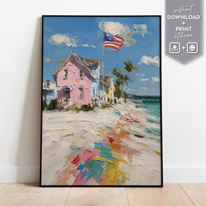 Americana coastal cottage wall art print with USA flag digital download patriotic decor Independence Day or American flag beach house style