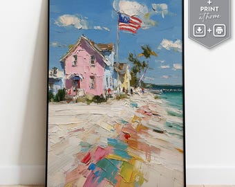 Americana Beach House Print | Coastal Cottage USA Flag (Digital Download)
