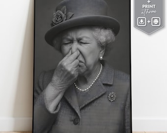 Funny Queen Bathroom Art Print, Royal Nose Pinch Poster, Quirky Black and White Toilet Wall Decor, Digital Download Humor Artwork, Elizabeth