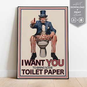 Arte divertido del baño del tío Sam, póster con el mensaje "Quiero que traigas papel higiénico", decoración de pared patriótica peculiar, impresión de descarga digital, baño de invitados, regalo