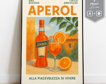 Póster imprimible de Aperol Spritz estilo vintage para decorar la cocina o el carrito de bar. Descarga digital e imprime en casa.