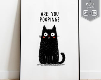 Funny Black Cat Bathroom Print | Quirky Restroom Wall Art (Digital Download)