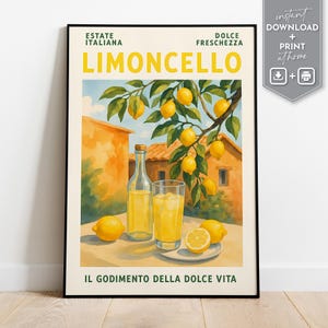 Limoncello Print Estética Arte de pared de limón Póster de cóctel italiano Decoración de carrito de bar Cocina de verano moderna Imprimible, descarga digital