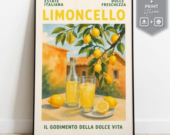 Limoncello Print Aesthetic Lemon Wall Art Italian Cocktail Poster Bar Cart Decor Trendy Summer Kitchen Printable, Digital Download Print