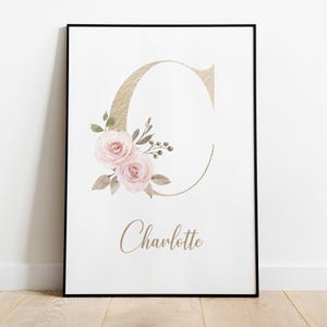 Custom Name Nursery Wall Art with Floral Initial Print for Girls Personalized Nursery Decor Baby Shower Gift or Boho Playroom Printable
