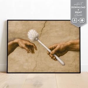 Funny Michelangelo Bathroom Art, The Creation of Adam Parody with Toilet Brush, Digital Download, Renaissance Humor Print, Wall Art Poster