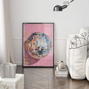 Mirrorball wall art with hand drawn disco ball painting in bold colors perfect for disco ball poster lovers and retro decor digital download image 6