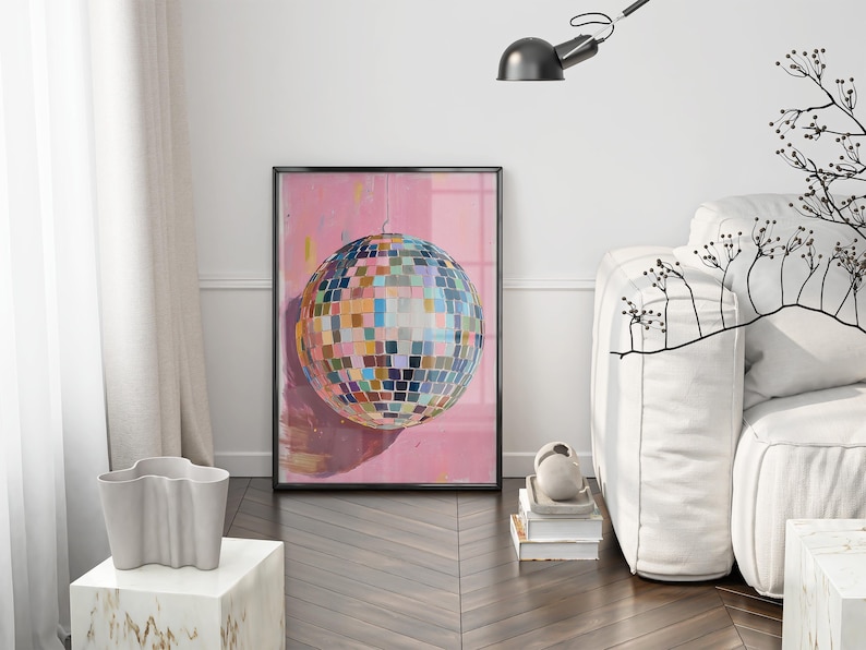 Mirrorball wall art with hand drawn disco ball painting in bold colors perfect for disco ball poster lovers and retro decor digital download image 6