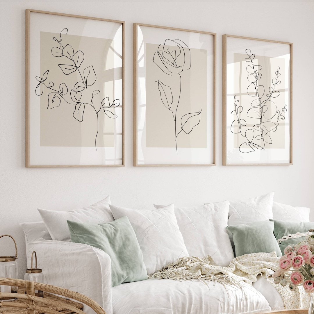 Neutral Wall Art Prints, Botanical Line Art, Set of 3 Beige Plant
