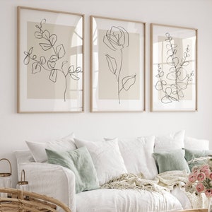 Set van 3 neutrale botanische prints, plant line art prints, minimalistisch beige muur decor voor moderne slaapkamer en woonkamer, afdrukbare kunst