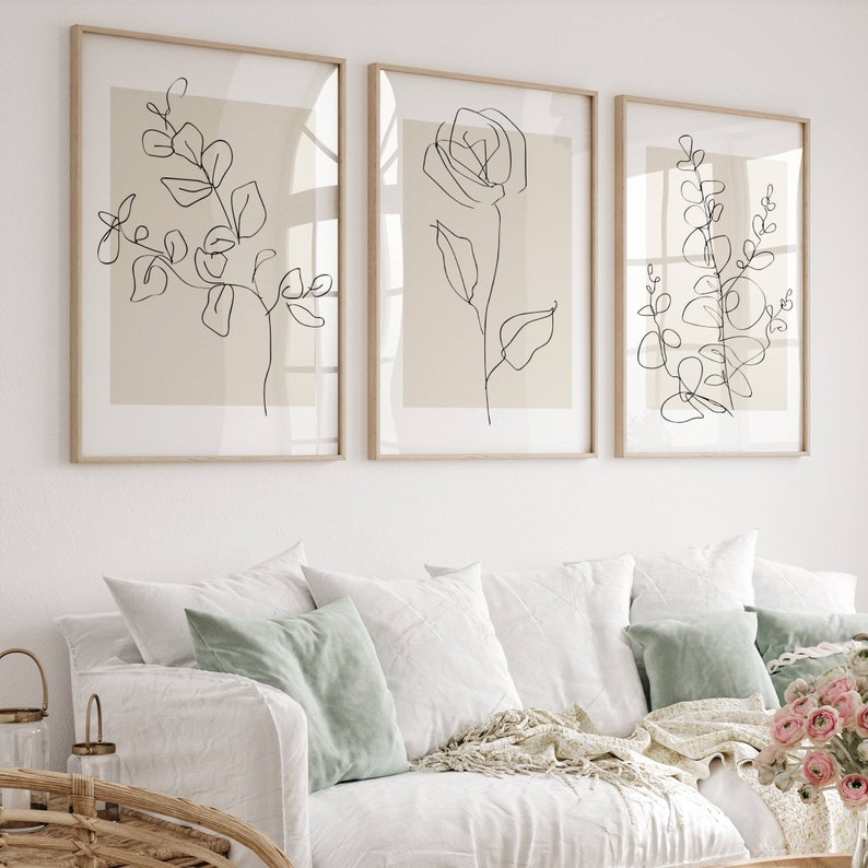 Set of 3 Neutral Botanical Prints, Plant Line Art Prints, Minimalist ...