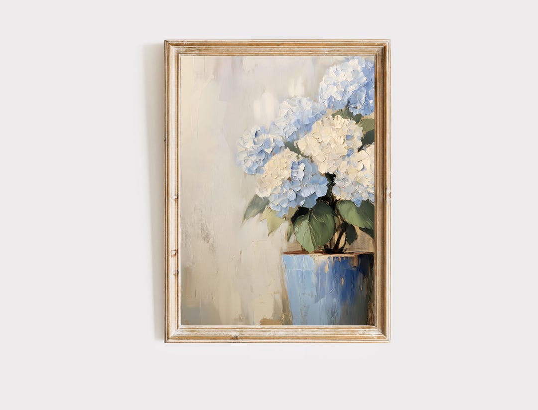 Blue Hydrangeas Vintage Oil Painting Print: Botanical Wall Art (digital ...