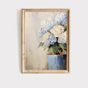 Blue Hydrangeas Muted Vintage Oil Painting Print, Botanical Wall Art, Living Room Art, Digital Download, Printable Art #104