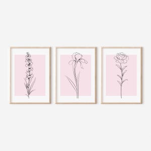 Pink Wall Art Set Of 3, Botanical Wall Decor, Plant Wall Art, Botanical Art, Pink Home Decor, Flower Wall Print, Pink Wall Art, Line Art