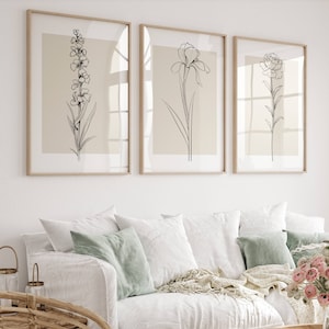Neutral Wall Art Prints, Botanical Line Art, Set of 3 Beige Plant Prints, Minimalist Modern Bedroom Living Room Wall Decor, Printable Art