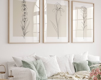 Botanical Line Art Prints: Beige Floral Set of 3 (Digital Download)