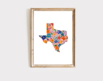 Impresión artística del mapa floral de Texas: decoración colorida para pared (descarga digital)