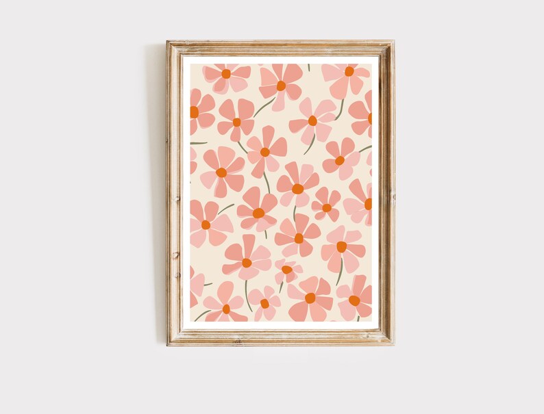 Pink Groovy Flowers Wall Art, Digital Download, Flower Prints, Neutral
