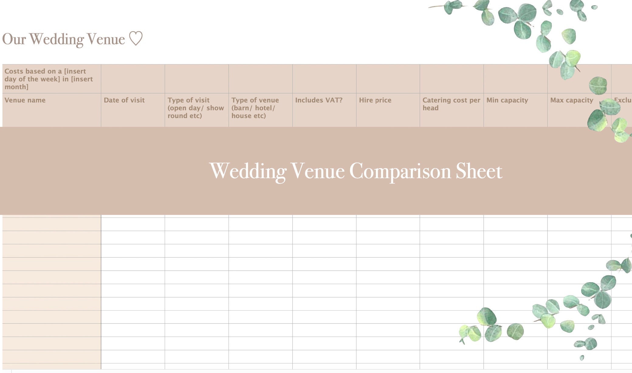 Wedding Venue Comparison Spreadsheet Etsy