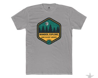 Wander Explore and Sleep Under the Stars patch graphic Tee | Camping Adventure Nature Shirt