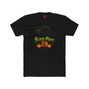Scary Place 28 Black Cat with Pumpkins Tee | Halloween Haunted Shirt image 3