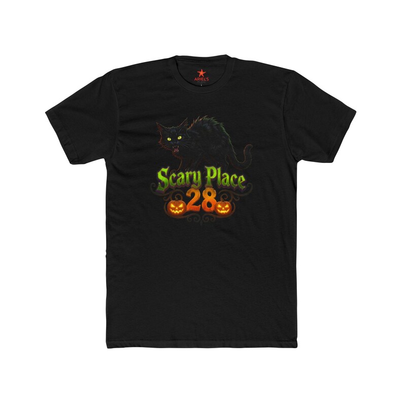 Scary Place 28 Black Cat with Pumpkins Tee | Halloween Haunted Shirt image 3