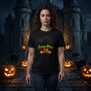 Scary Place 28 Black Cat with Pumpkins Tee | Halloween Haunted Shirt image 1