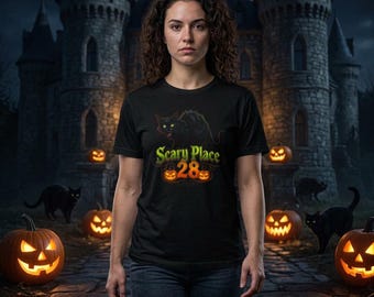Scary Place 28 Black Cat with Pumpkins Tee | Halloween Haunted Shirt