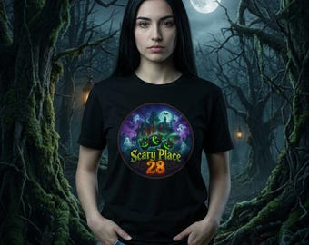 Scary Place 28 Halloween Haunted Crew Tee | Ghosts, Pumpkins, Night Graveyard