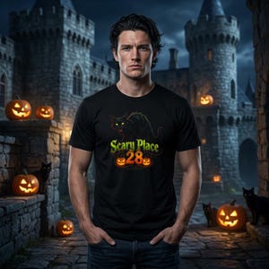 Scary Place 28 Black Cat with Pumpkins Tee | Halloween Haunted Shirt image 2