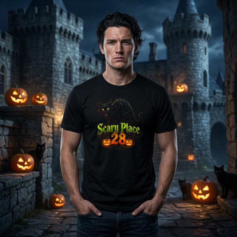 Scary Place 28 Black Cat with Pumpkins Tee | Halloween Haunted Shirt image 2