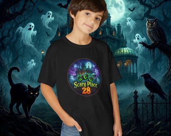 Official Scary Place 28 Kids Halloween Haunted Crew Tee