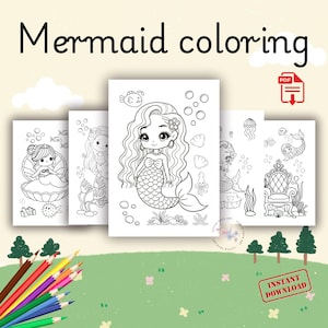 20 - PAGE BUNDLE - Child Mermaid Coloring Pages with bonus Princess Ariel - Printable Cute and Easy Mermaid Coloring Sheets for Preschool