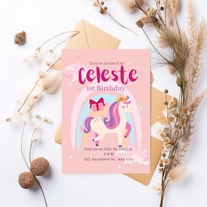 Editable Unicorn Birthday Invitation, Unicorn Invitation, Rainbow Unicorn Birthday Invite, Pastel Unicorn Invitation Printable , girl party