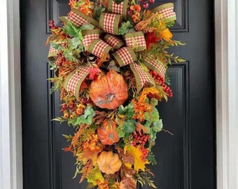 Fall swag,fall front door swag,Fall Decor,Fall Wreaths for Front Door,Autumn Maples Leaf Pumpkin Pine Cone Berry Wreath-Halloween Farmhouse