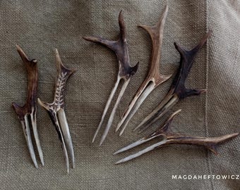 Handmade hairpin made of reindeer and roe-deer antlers, engraved and carved.