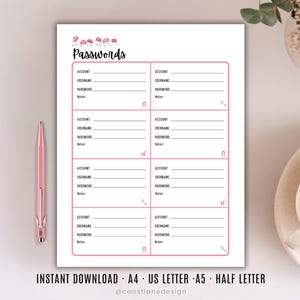 May include: A white password tracker sheet with pink borders and floral accents at the top. The page features eight sections with lines for account, username, password, and notes, each marked with small lock or key icons in pink.