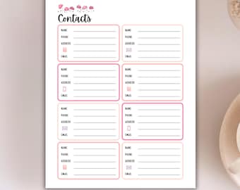 Contact List Printable - Emergency Contacts Sheet Family Organizer | Bullet Journal Page | PDF Planner Insert Letter size, Half size, A4, A5