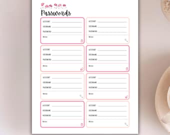 Password Tracker Printable with Notes area | Internet Passwords Log | Cute Bullet journal page | PDF Planner Insert US Letter, Half, A4, A5
