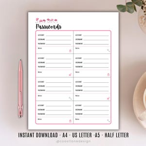 Printbare wachtwoordtracker met notities | Logboek voor internetwachtwoorden | Eenvoudige bullet journal pagina | PDF planner invoegvel (US Letter, Half, A4, A5)