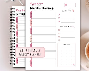 ADHD Friendly Weekly Planner Printable | Brain Dump Template | Cute Undated PDF Planner Insert | Sunday & Monday Start | A4 A5 Letter Half