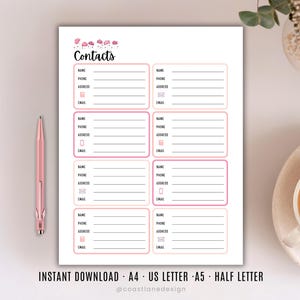 Contact List Printable - Emergency Contacts Sheet Family Organizer | Bullet Journal Page | PDF Planner Insert Letter size, Half size, A4, A5