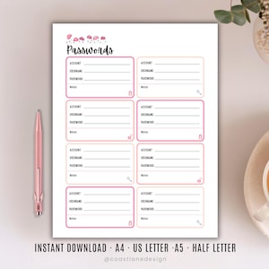 Suivi des mots de passe à imprimer avec zone de notes | Journal des mots de passe Internet | Jolie page de bullet journal | Insertion PDF pour agenda, formats US Letter, Half, A4 et A5